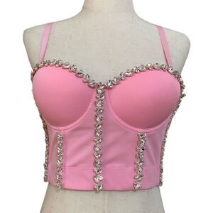 Rhinestones Bralette Corset Top Pink Sexy Bustier Removable Straps Women’s XS